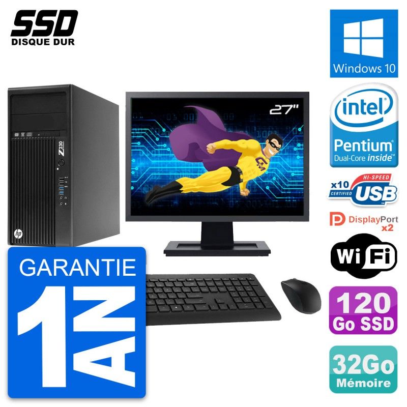 Station de travail HP Z230 - Écran 27'', Processeur Intel Pentium G3220, 32 Go de RAM, 120 Go SSD, Windows 10, Wi-Fi