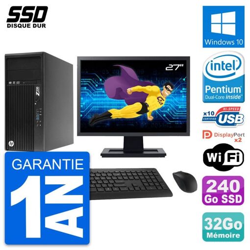 PC de escritorio HP Z230 - Pantalla de 27'', Procesador Intel Pentium G3220, 32 GB de RAM, 240 GB SSD, Windows 10, WiFi