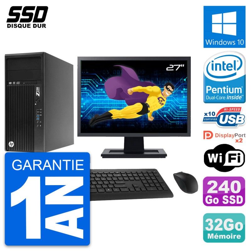 Station de travail HP Z230 - Écran 27'', Processeur Intel Pentium G3220, 32 Go de RAM, 240 Go SSD, Windows 10, WiFi