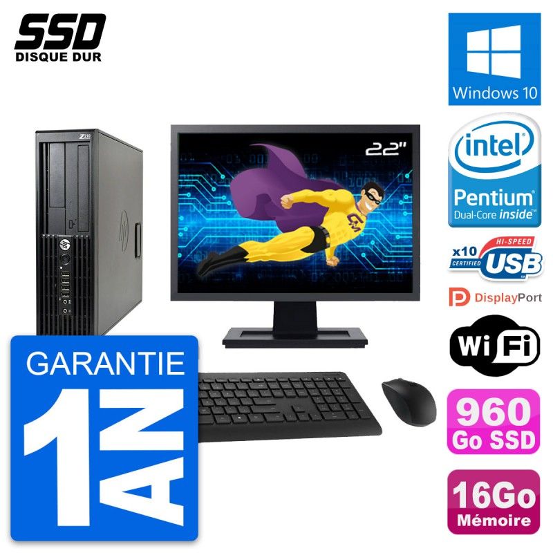 HP Z210 SFF Desktop Computer, 22" Screen, Intel Pentium G630, 16GB RAM, 960GB SSD, Windows 10, WiFi