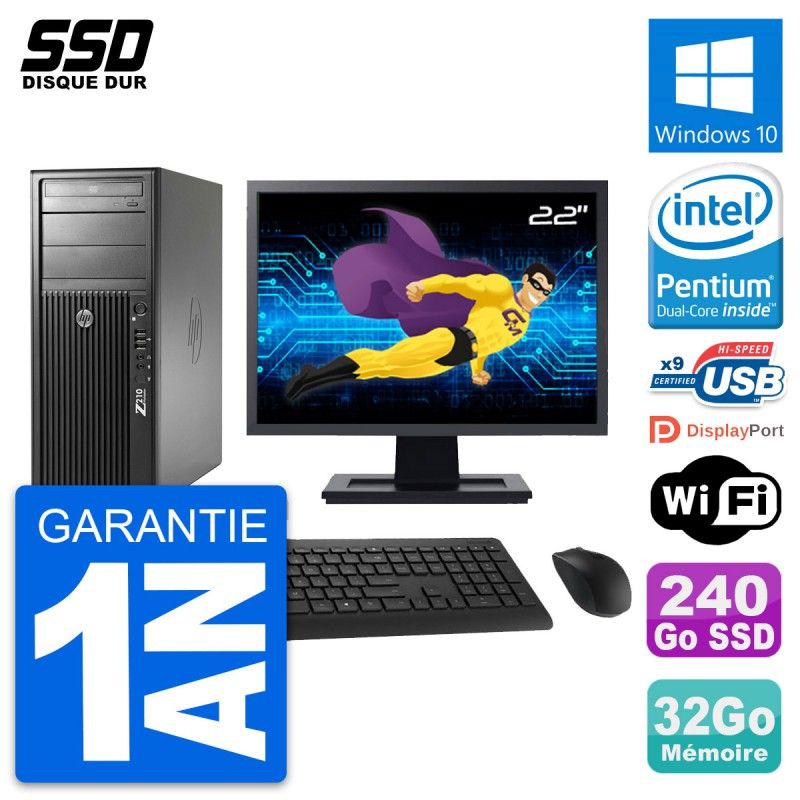 HP Z210 Desktop Computer - 22" Screen, Intel Pentium G630, 32GB RAM, 240GB SSD, Windows 10, WiFi