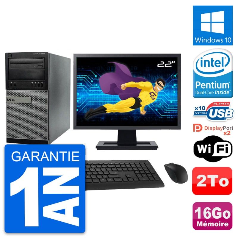 Dell Optiplex 7010 Desktop Computer - 22" Screen, Intel Pentium G2020, 16GB RAM, 2TB HDD, Windows 10, WiFi