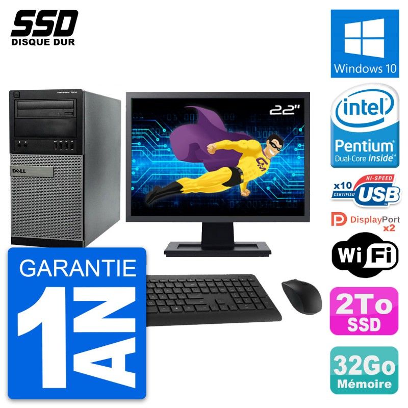 Dell Optiplex 7010 Desktop Computer - 22" Screen, Intel Pentium G2020, 32GB RAM, 2TB SSD, Windows 10, WiFi