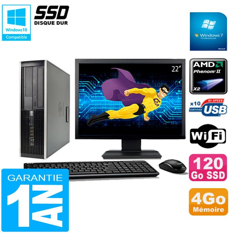 HP Compaq 6005 Pro SFF Desktop PC - 22" Screen, AMD Phenom II X2 B57, 4GB RAM, 120GB SSD, Wi-Fi, Windows 7 Pro