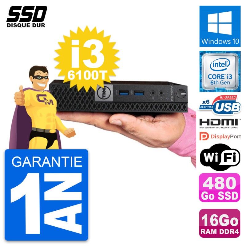 Dell Mini PC 5050 Micro - Intel i3-6100T, 16GB RAM, 480GB SSD, HDMI, Wi-Fi, Windows 10