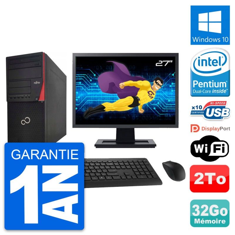 Fujitsu P920 Tower PC - 27" Display, Intel G3220, 32GB RAM, 2TB HDD, Windows 10, WiFi