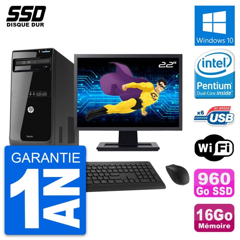 HP Pro 3400 MT Desktop PC - 22" Screen, Pentium G630, 16GB RAM, 960GB SSD, Windows 10, Wifi