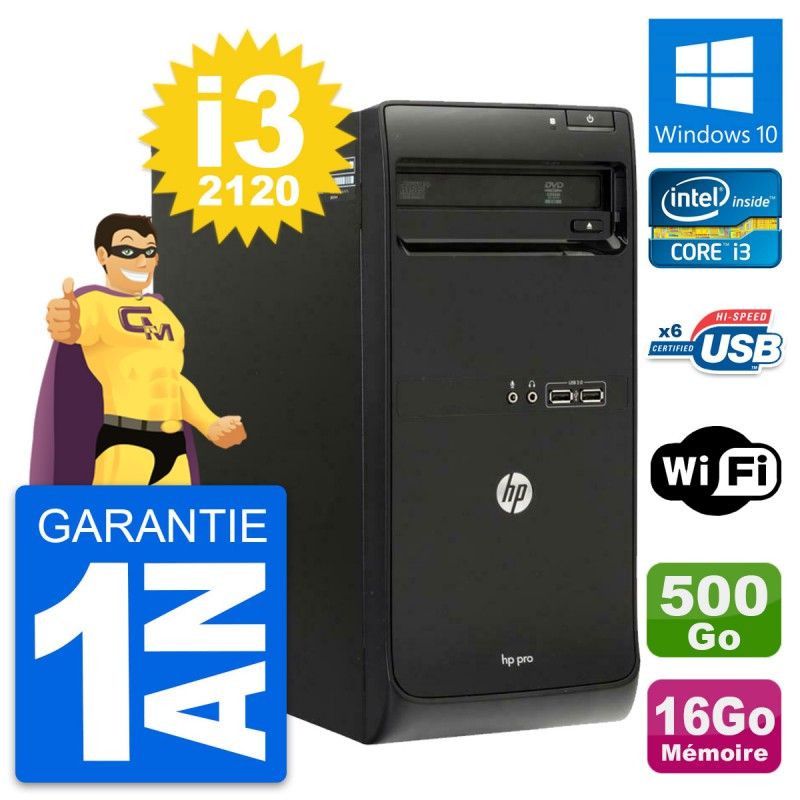 HP Pro 3400 MT Desktop PC - Intel Core i3-2120, 16GB RAM, 500GB HDD, Windows 10, WiFi