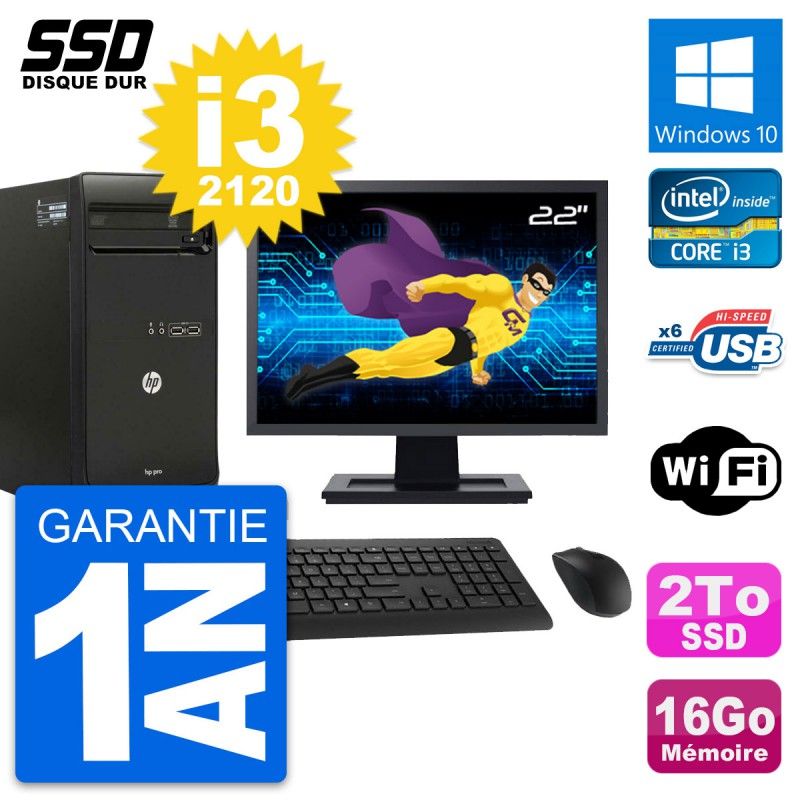 HP Pro 3400 MT Desktop Computer, 22" Screen, Core i3-2120, 16GB RAM, 2TB SSD, Windows 10, WiFi