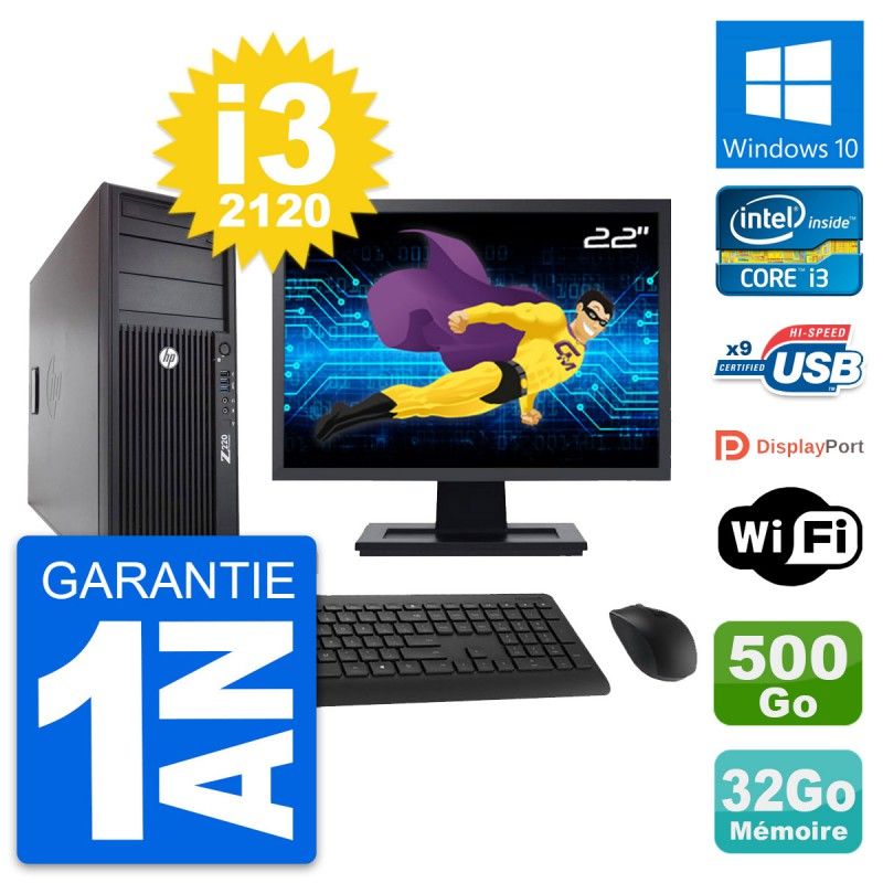 HP Z220 Workstation PC - 22" Screen, Intel i3-3220, 32GB RAM, 500GB HDD, Windows 10, WiFi