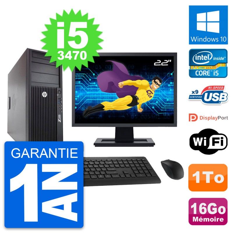Station de travail HP Z220 - Écran 22'', Processeur Intel Core i5-3470, 16 Go de RAM, Disque dur 1 To, WiFi