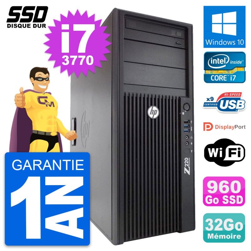 HP WorkStation Z220 Intel i7-3770 32GB RAM 960GB SSD Windows 10 Wi-Fi