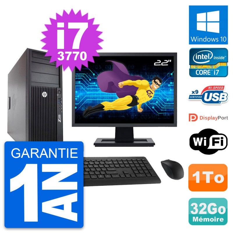 HP Z220 Workstation Computer - 22" Screen, Intel Core i7-3770, 32GB RAM, 1TB HDD, Windows 10, WiFi