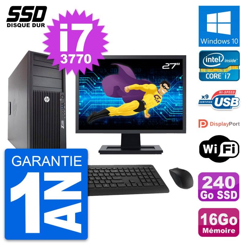 Ordinateur de bureau HP WorkStation Z220 - Écran 27'', Intel Core i7-3770, 16 Go RAM, 240 Go SSD, Windows 10, Wifi