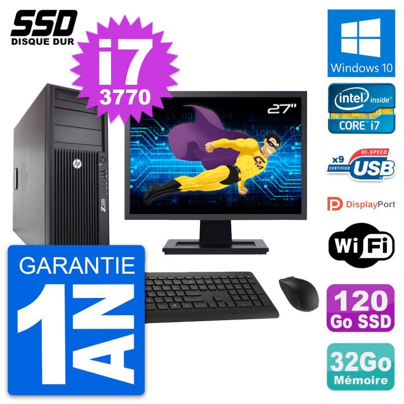 Ordinateur de bureau HP WorkStation Z220 - Écran 27", processeur Intel Core i7-3770, 32 Go de RAM, 120 Go SSD, Windows 10, WiFi
