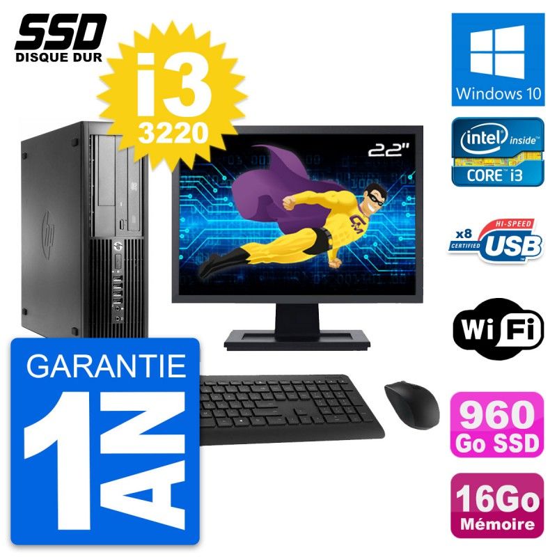 Ordinateur de bureau HP Compaq Pro 4300 SFF - Écran 22'', Processeur Intel Core i3-3220, 16 Go de RAM, 960 Go SSD, Windows 10, Wi-Fi