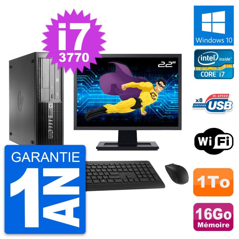 Ordinateur HP Compaq Pro 4300 SFF - Écran 22'', Intel Core i7-3770, 16 Go de RAM, 1 To de disque dur, Windows 10, Wifi
