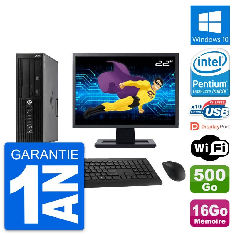Station de travail HP Z220 SFF - Écran 22'', Processeur Intel Pentium G2020, 16 Go de RAM, Disque dur 500 Go, Windows 10, Wi-Fi