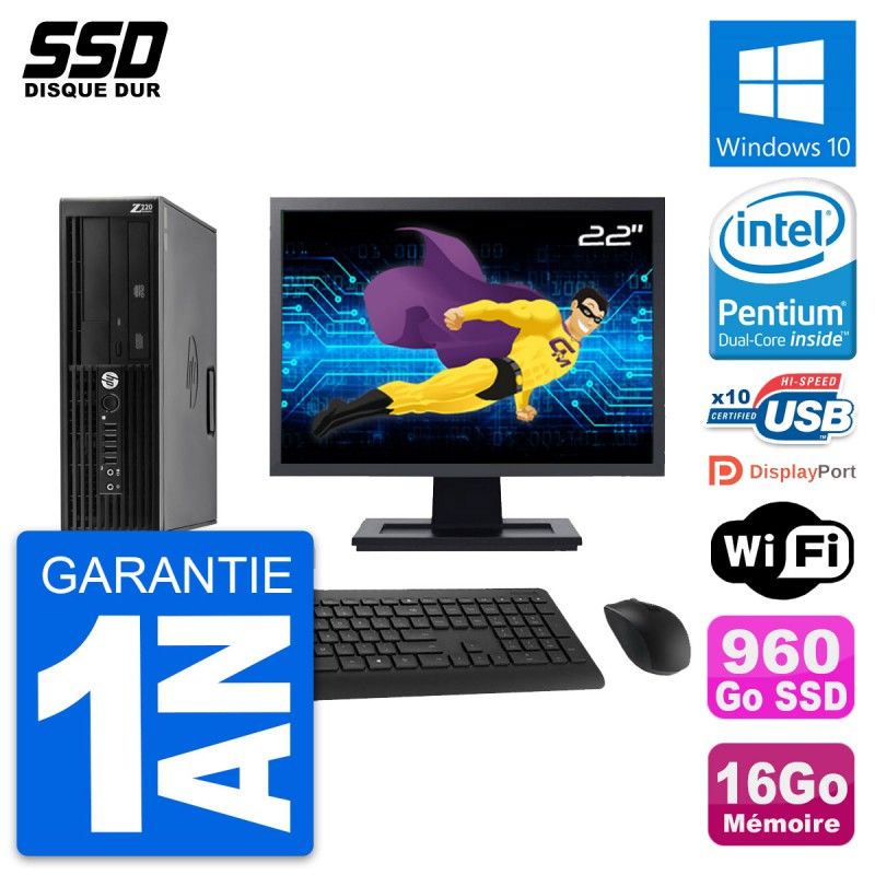 Ordinateur de bureau HP Z220 SFF - Écran 22'', Processeur Intel Pentium G2020, 16 Go de RAM, 960 Go SSD, Windows 10, Wi-Fi