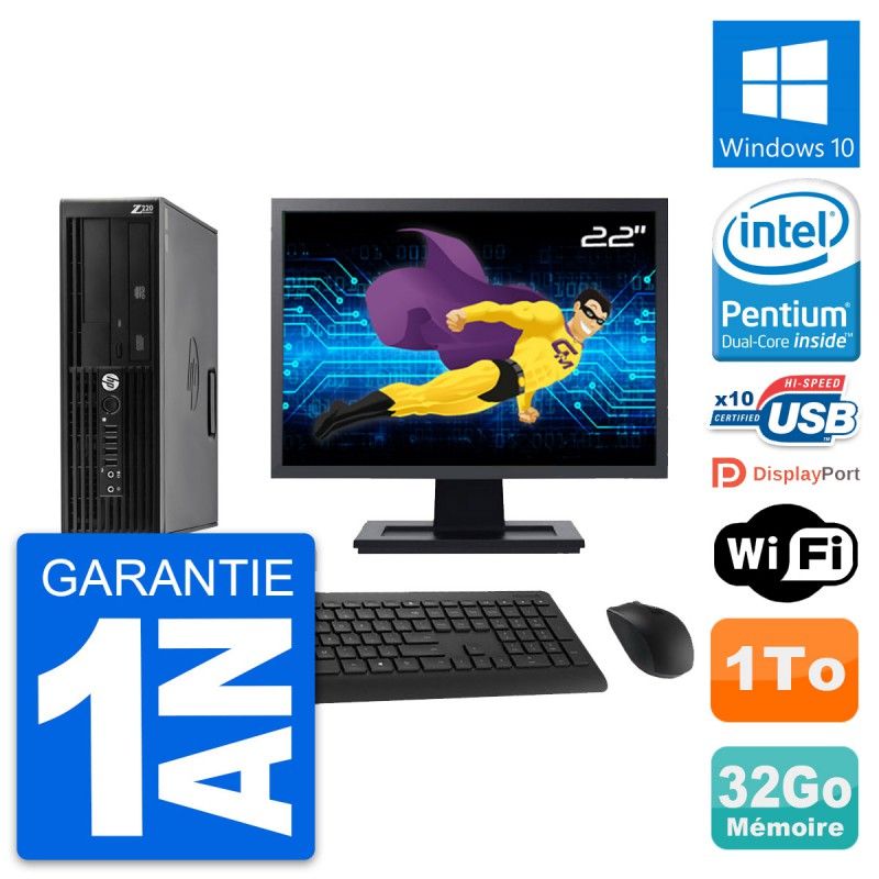 HP WorkStation Z220 SFF Computer - 22" Screen, Intel Pentium G2020, 32GB RAM, 1TB HDD, Windows 10, WiFi