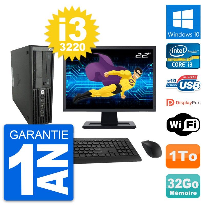 Ordinateur de bureau HP WorkStation Z220 SFF - Écran 22'', Intel Core i3-3220, 32 Go RAM, 1 To HDD, Windows 10, Wifi