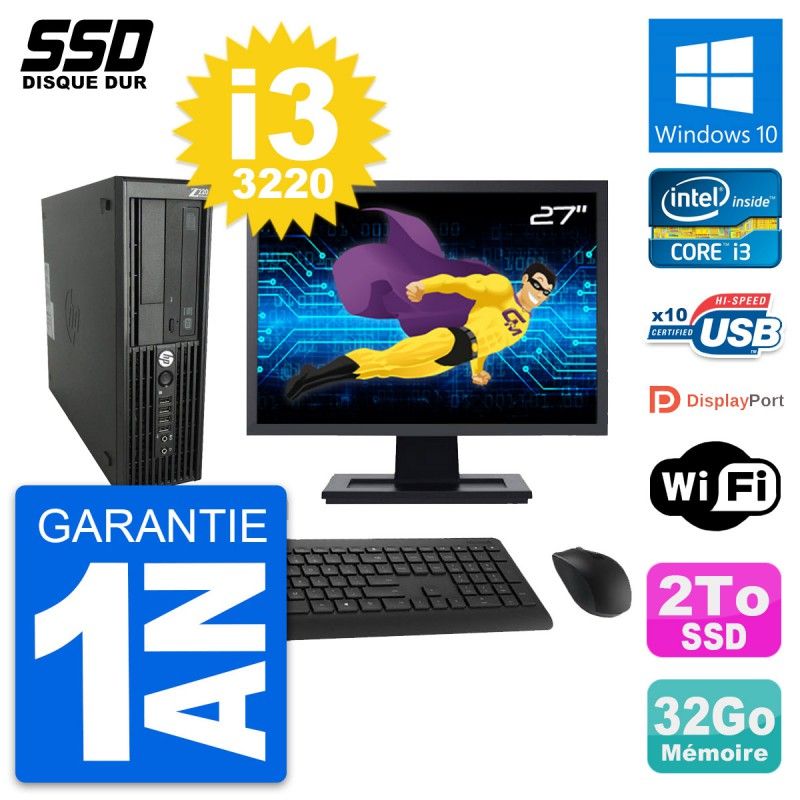 HP WorkStation Z220 SFF Computer - 27" Screen, i3-3220, 32GB RAM, 2TB SSD, Windows 10, WiFi