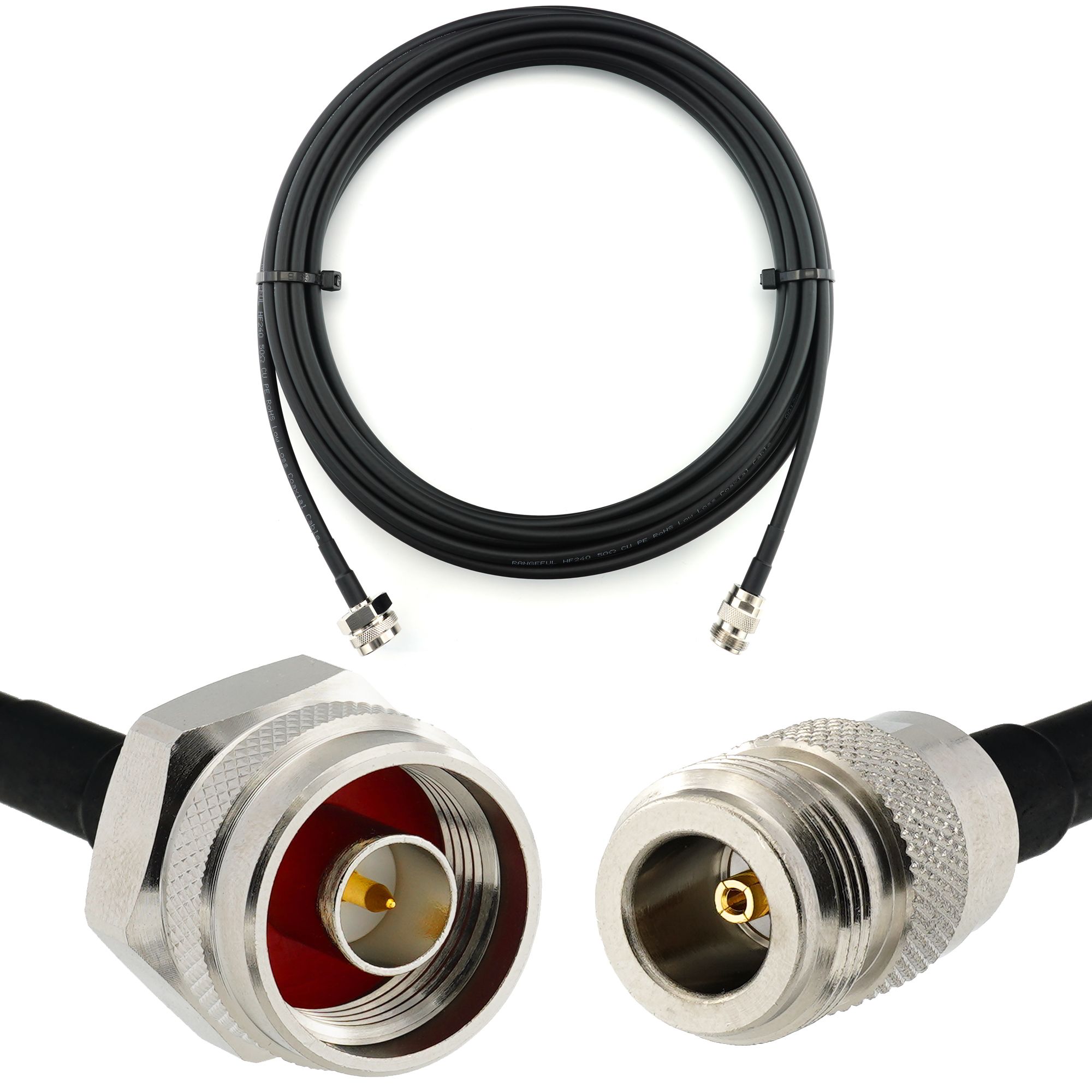 Câble coaxial N mâle à N femelle de 10 m - HF240 (équivalent LMR 240) rallonge étanche pour routeur Wi-Fi, antenne radio, amplificateur LTE, GSM 4G/5G/6G, point d'accès LTE