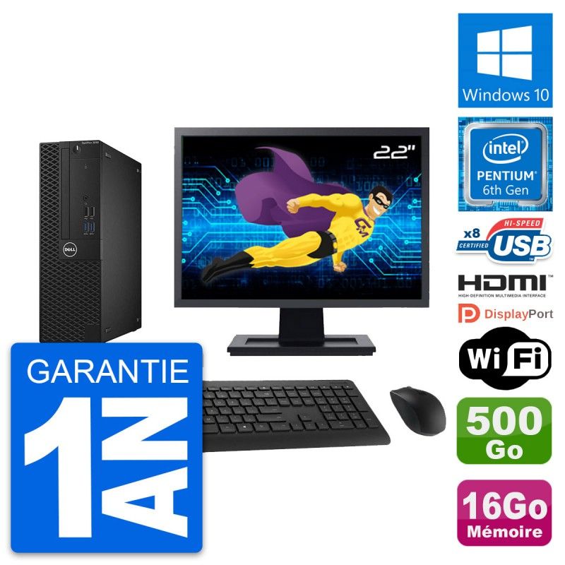 Dell OptiPlex 3050 SFF Desktop Computer, 22" Screen, Intel Pentium G4400, 16GB RAM, 500GB HDD, HDMI, WiFi