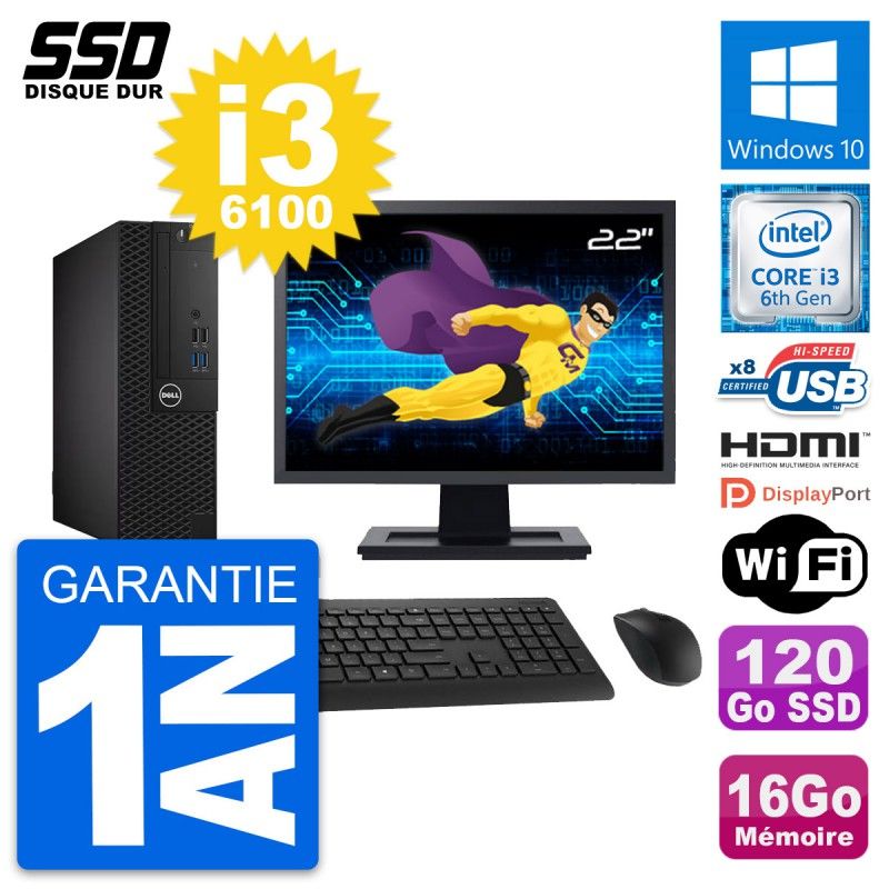 Dell OptiPlex 3050 SFF Computer - 22" Screen, Intel i3-6100, 16GB RAM, 120GB SSD, HDMI, WiFi
