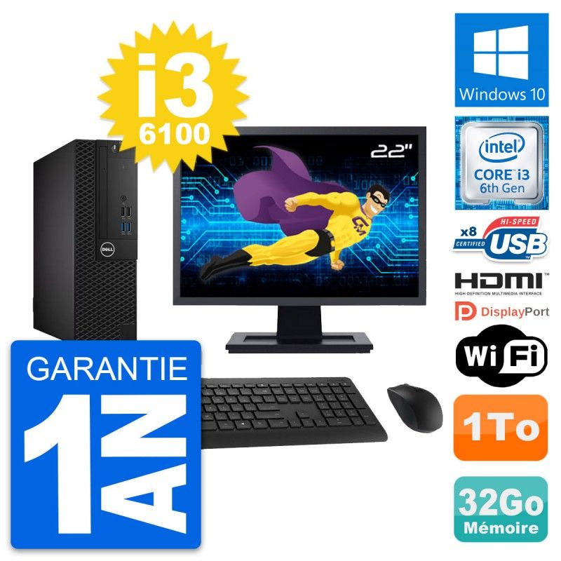 Dell OptiPlex 3050 SFF PC - 22" Screen, Core i3-6100, 32GB RAM, 1TB HDD, HDMI