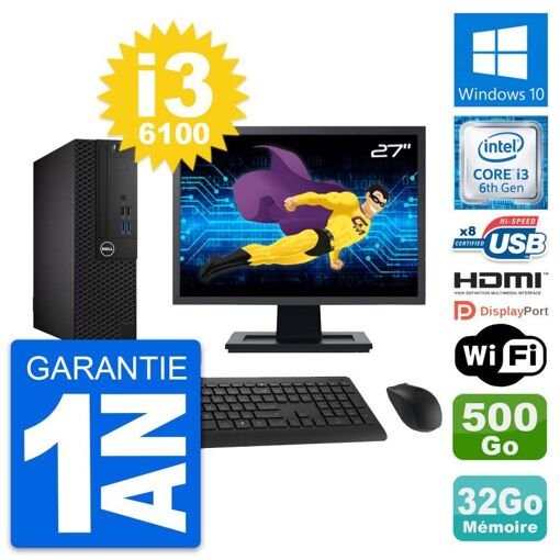 Dell OptiPlex 3050 SFF Computer - 27" Screen, i3-6100, 32GB RAM, 500GB HDD, HDMI