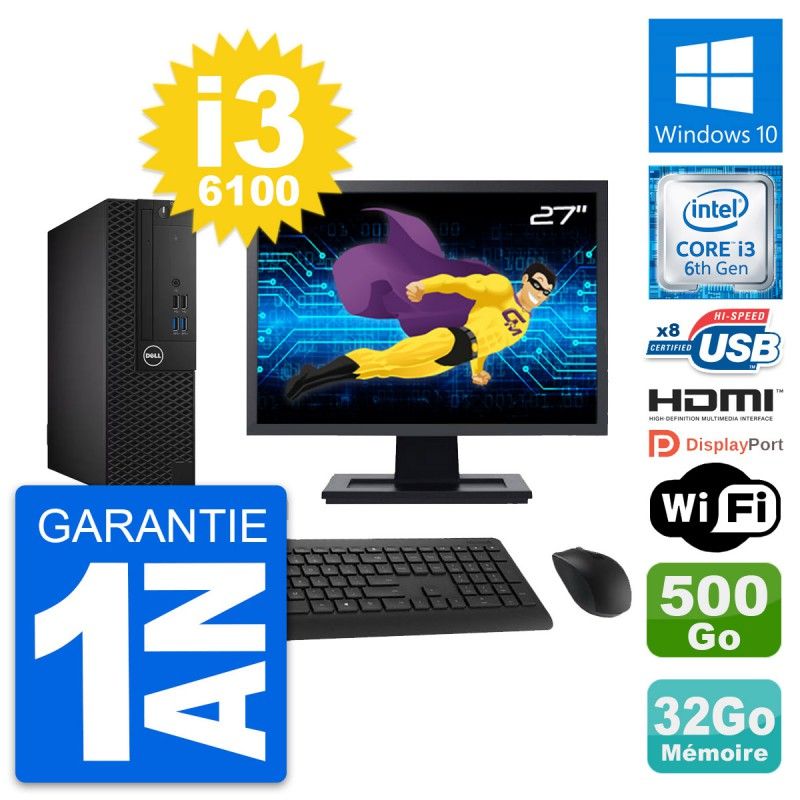 Dell OptiPlex 3050 SFF Computer - 27" Screen, i3-6100, 32GB RAM, 500GB HDD, HDMI