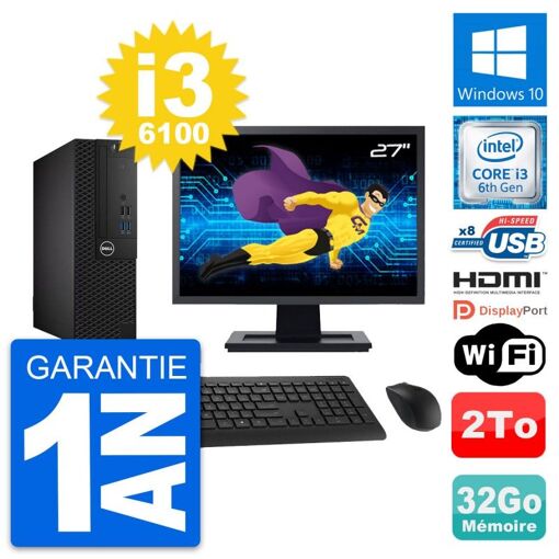 Dell OptiPlex 3050 SFF Computer - 27" Screen, Core i3-6100, 32GB RAM, 2TB HDD, HDMI