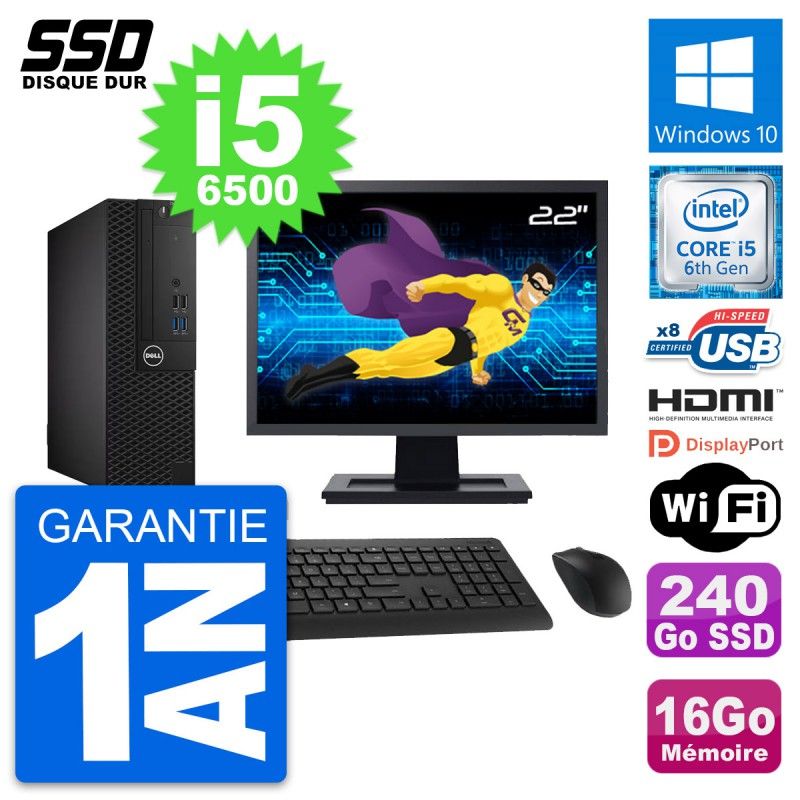 Dell OptiPlex 3050 SFF Desktop Computer, 22" Screen, Intel i5-6500, 16GB RAM, 240GB SSD, HDMI, WiFi