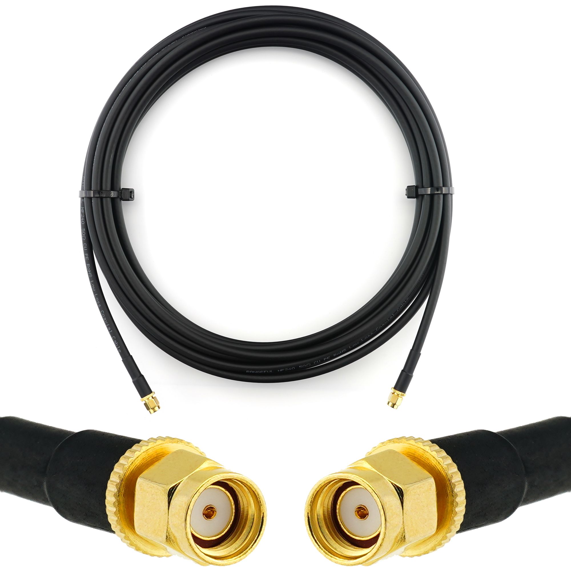 RANGEFUL RP-SMA 5m Coaxial WiFi Antenna Extension Cable - Male to Male, Waterproof, HF240 (LMR 240 Equivalent)