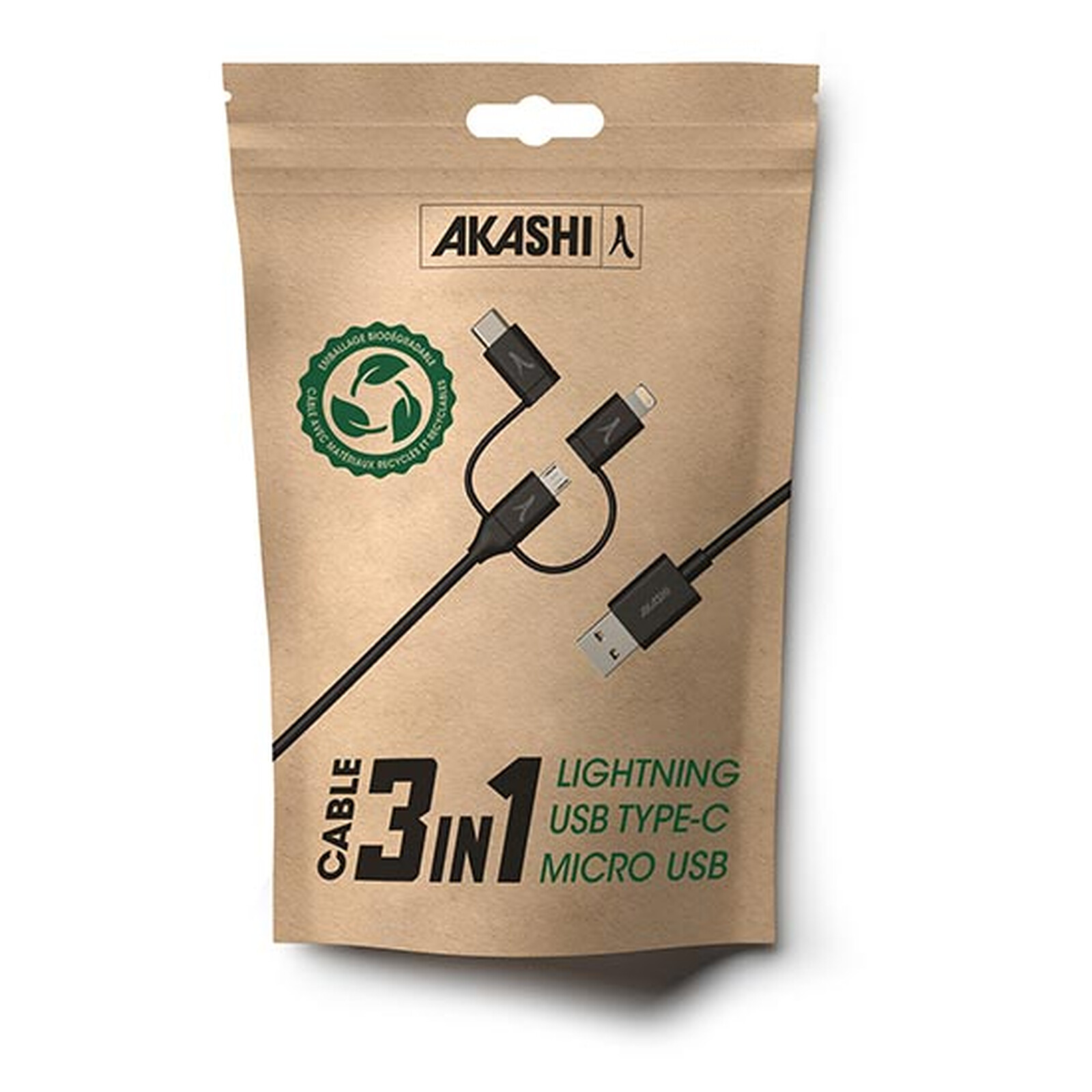 Akashi Eco 3-in-1 USB-A to USB-C / Lightning / micro USB cable (1 m)