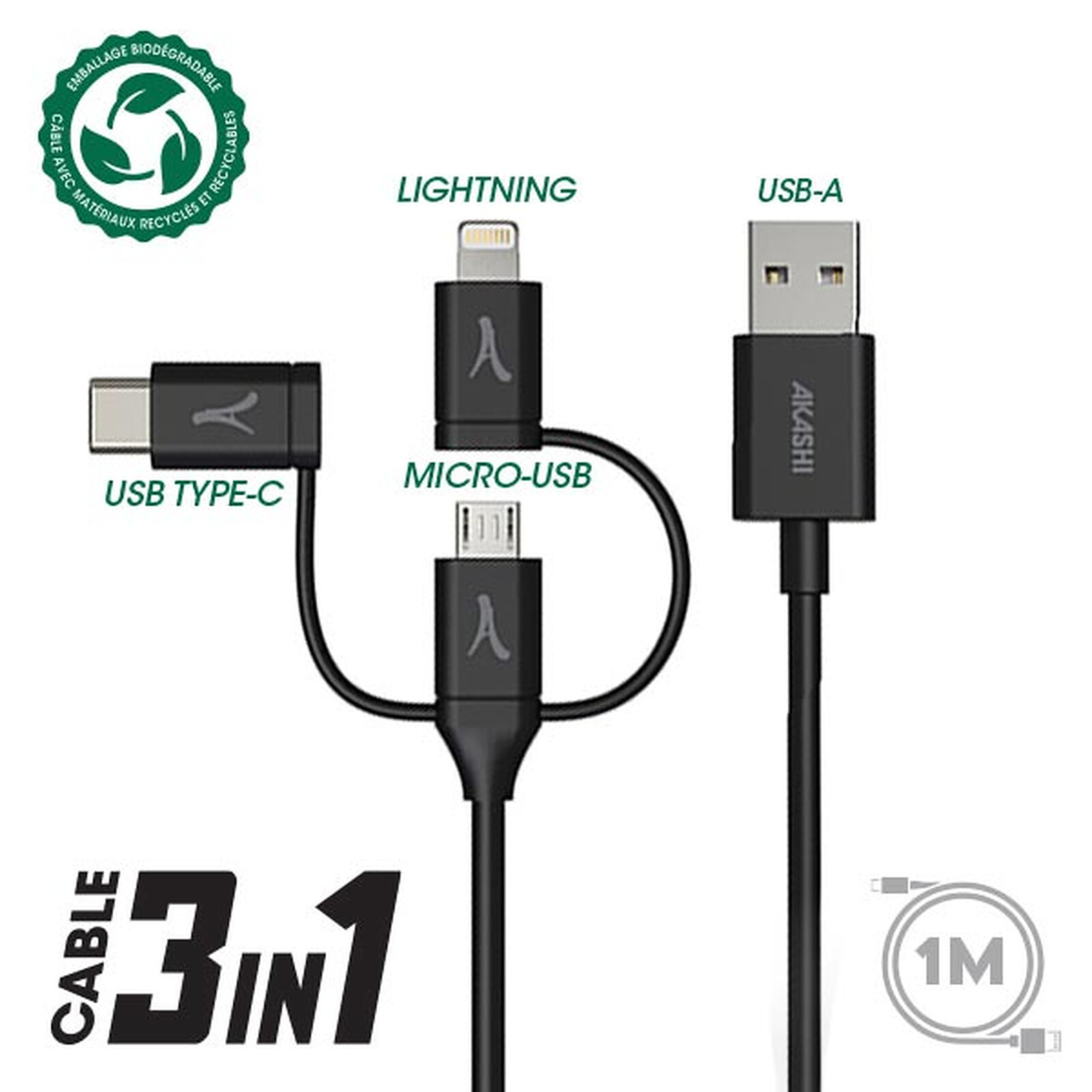 Akashi Eco 3-in-1 USB-A to USB-C / Lightning / micro USB cable (1 m)