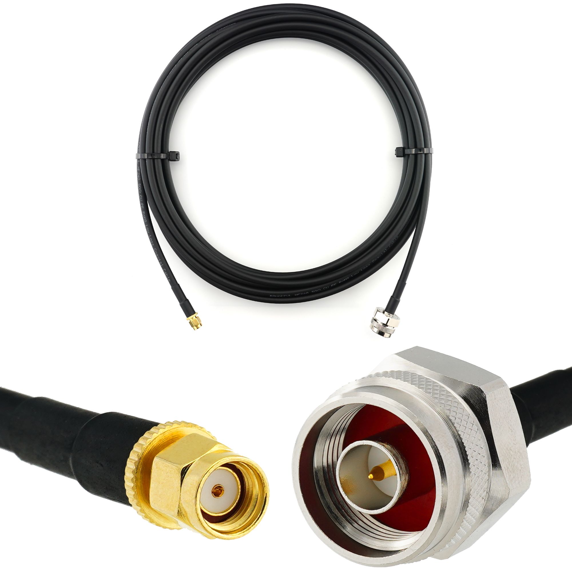 Cable de extensión de antena WiFi RP-SMA Masculino a N Masculino Hex 10m - Impermeable, HF240 (equivalente a LMR240) para enrutador, cámara, tarjeta de red inalámbrica, mini PCIe