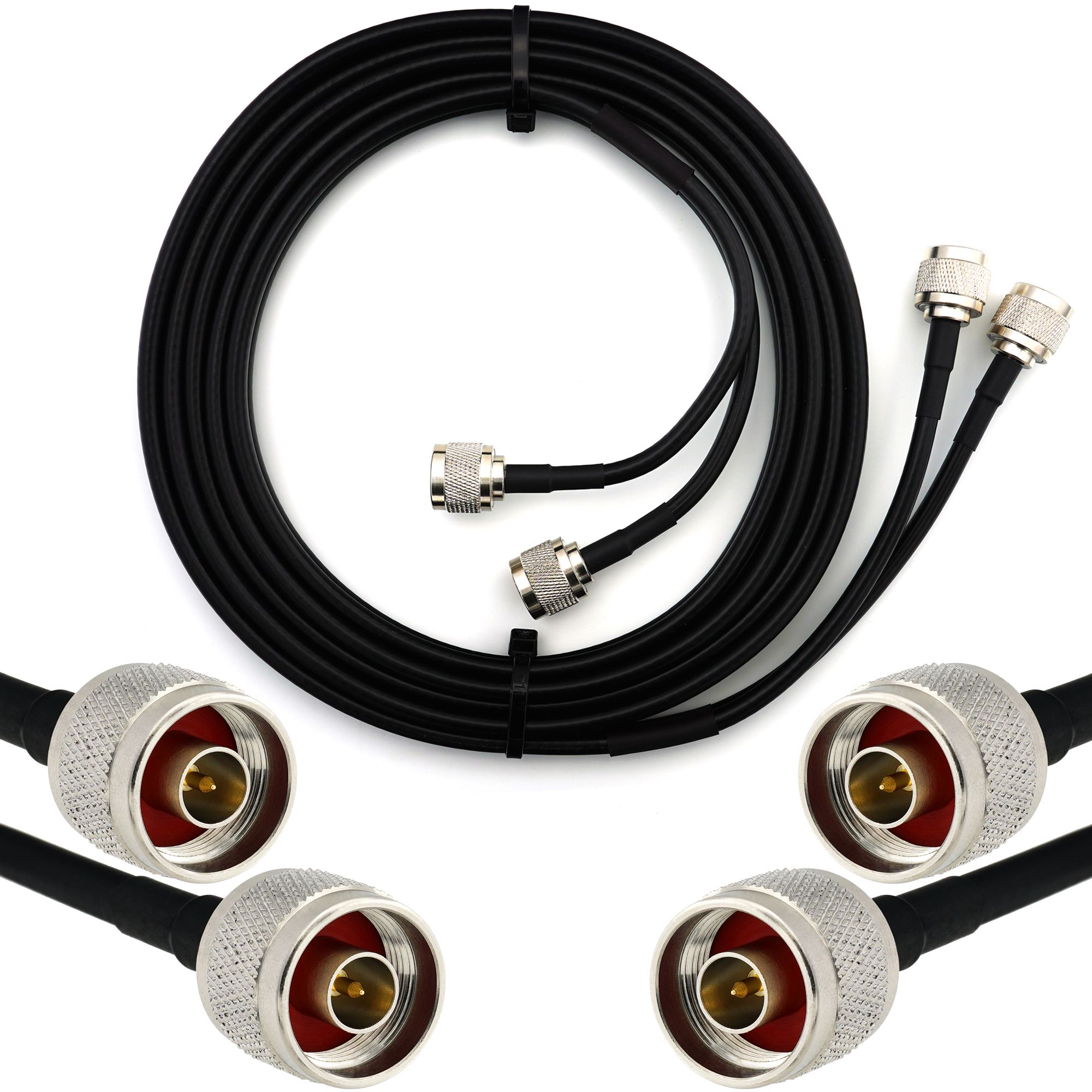 Cable coaxial dual N macho a N macho - 7m, HF240 (equivalente LMR240), resistente al agua y extensible