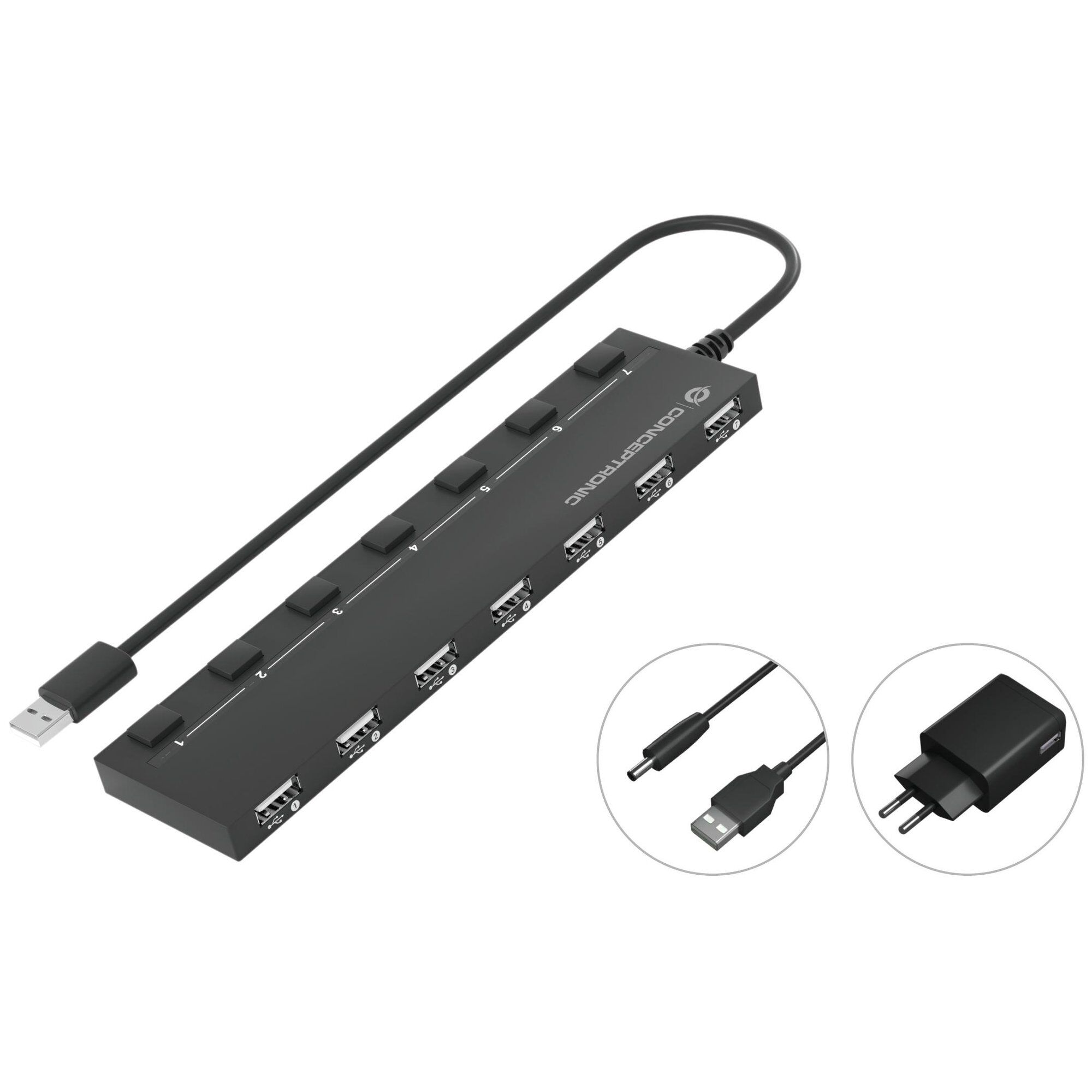 Conceptronic 8-Port USB 2.0 Hub & Adapter, Black