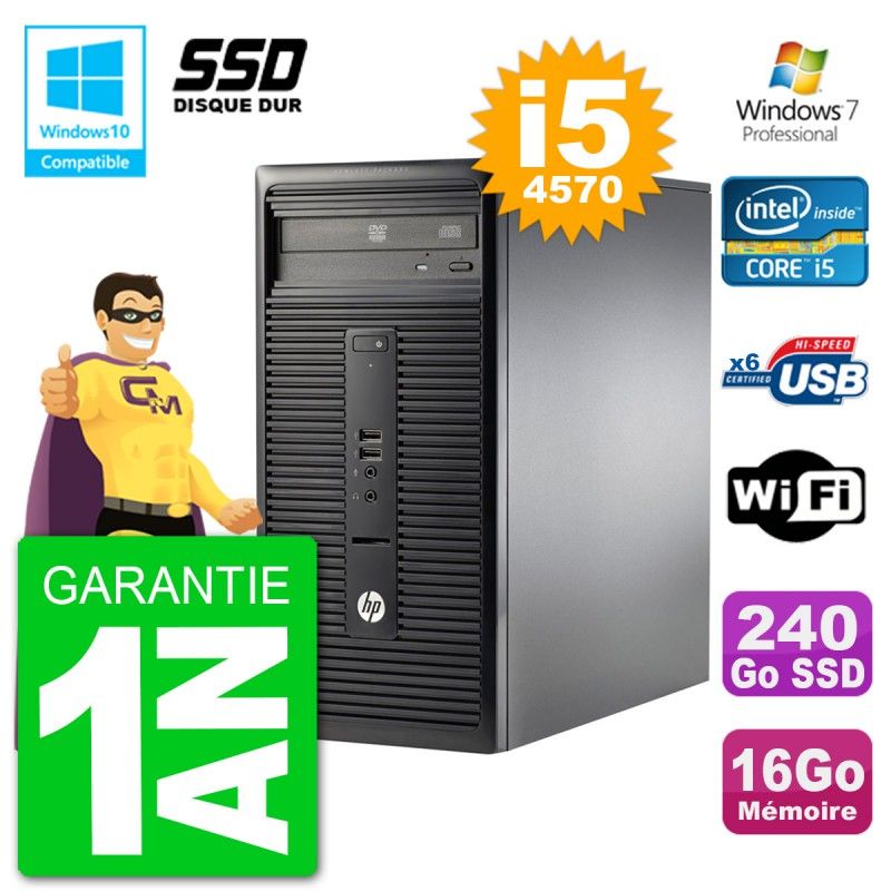 HP 280 G1 Micro Tower - Intel Core i5-4570, 16GB RAM, 240GB SSD, DVD Drive, WiFi, Windows 7 Pro