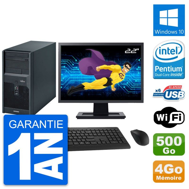 Fujitsu Esprimo P2560 Desktop PC - 22" Screen, Intel Pentium E5500, 4GB RAM, 500GB HDD, Windows 10, WiFi