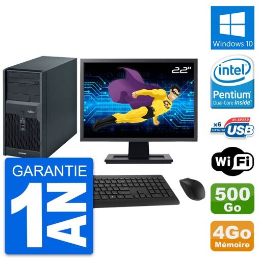 Fujitsu Esprimo P2560 Desktop PC - 22" Screen, Intel Pentium E5500, 4GB RAM, 500GB HDD, Windows 10, WiFi