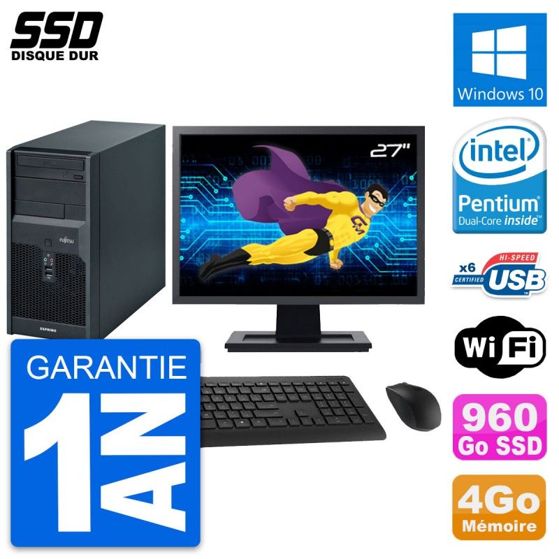 Fujitsu P2560 PC Tower - 27" Screen, Intel E5500, 4GB RAM, 960GB SSD, Windows 10, WiFi