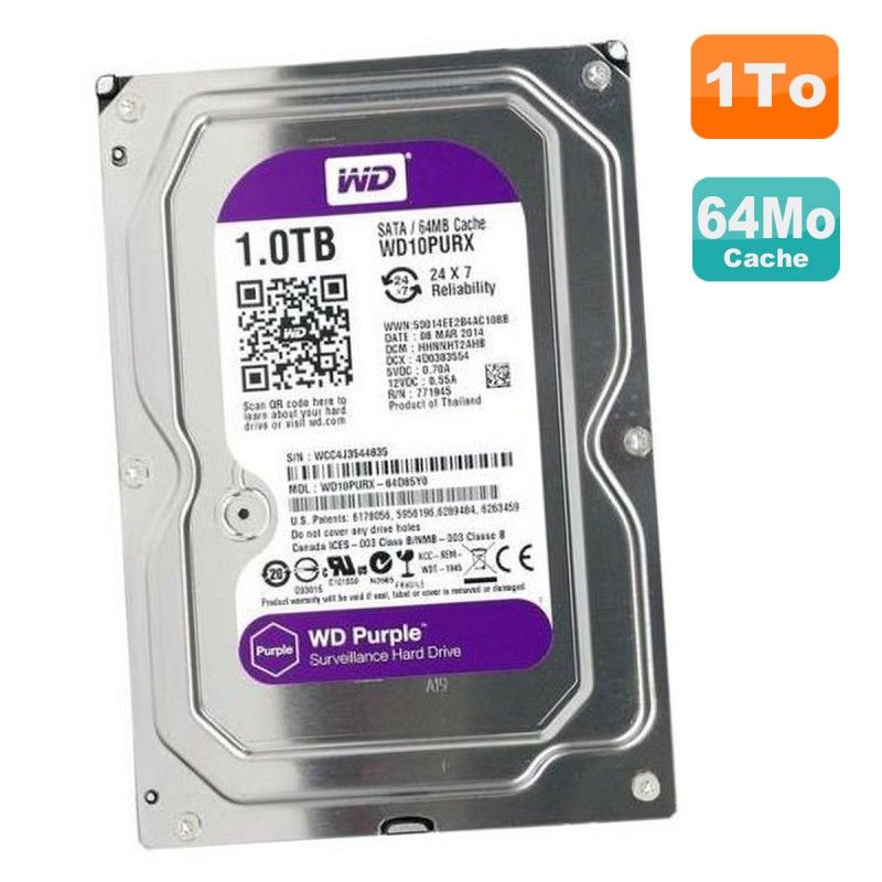 Western Digital Purple 1TB Internal Hard Drive 3.5" SATA III 5400RPM 64MB Cache