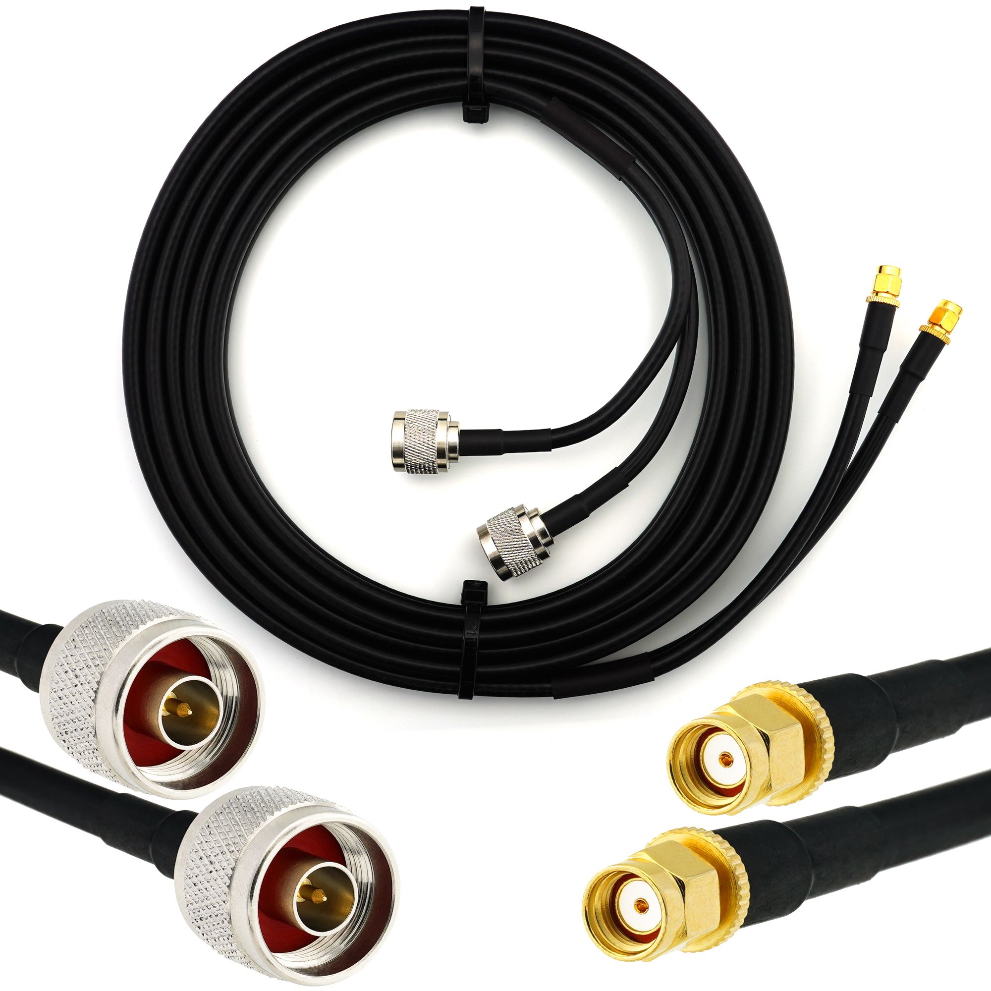 RP-SMA 3m Coaxial WiFi Extension Cable - Dual RP SMA Male to N Male (LMR 240 Equivalent) Waterproof - For Wi-Fi Router, IP Camera, Mini PCIe
