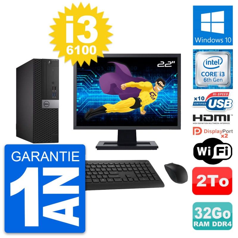 Dell OptiPlex 5050 SFF PC - 22" Screen, Core i3-6100, 32GB RAM, 2TB HDD, HDMI, WiFi