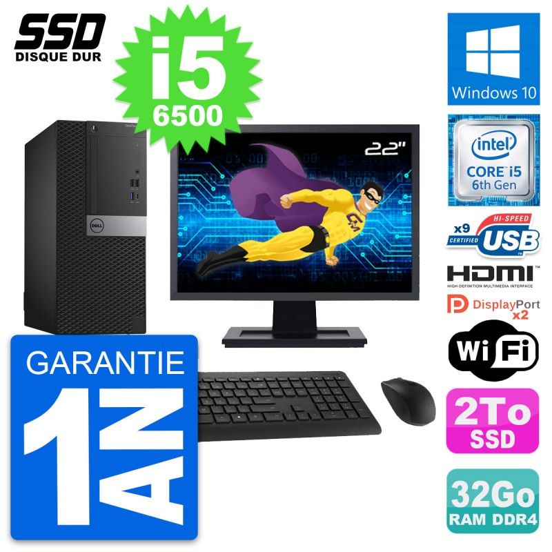 Dell OptiPlex 7050 22" PC Tower - Intel i5-6500, 32GB RAM, 2TB SSD, HDMI, Windows 10, WiFi