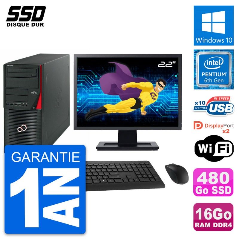 Fujitsu W550n 22-Inch PC Tower - Intel Pentium G4400, 16GB RAM, 480GB SSD, Windows 10, WiFi