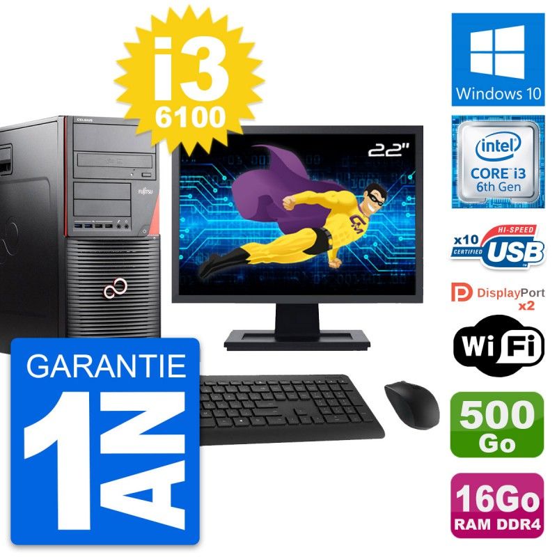 Fujitsu MT W550n 22-inch PC Tower - i3-6100, 16GB RAM, 500GB HDD, Windows 10, WiFi